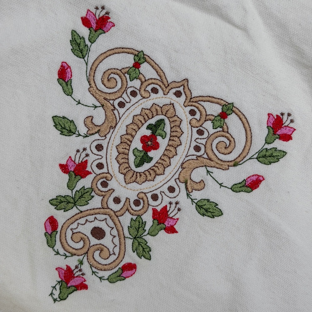 Vintage Style Cream Canvas Tote Bag Floral Scroll Embroidery Slip Pocket